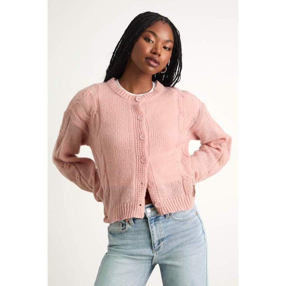 Lulus Carmina Pink Cable Knit Button-up Cardigan - Size S